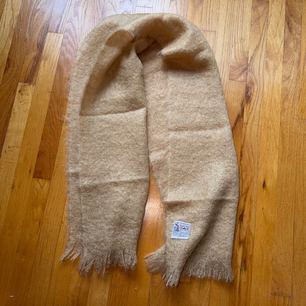 Glen Cree Vintage 100% Mohair Scarf Made in Scotland Tan Beige Fringed Fuzzy